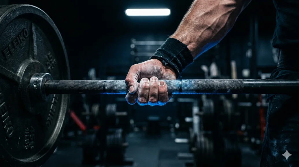 Hand gripping a barbell in a dark gym